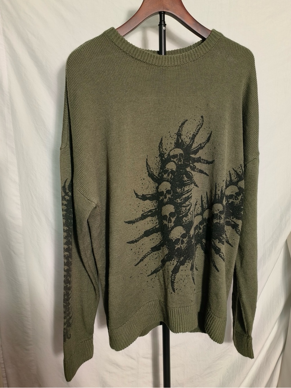 Thorn & Fable Skull Spine Graphic Oversized Olive Green Sweater S/M Goth